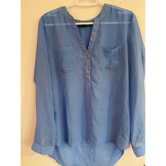 Como Black Women’s Size L Sheer Light Blue Check Blouse Long Sleeve V-Neck - Picture 3 of 7